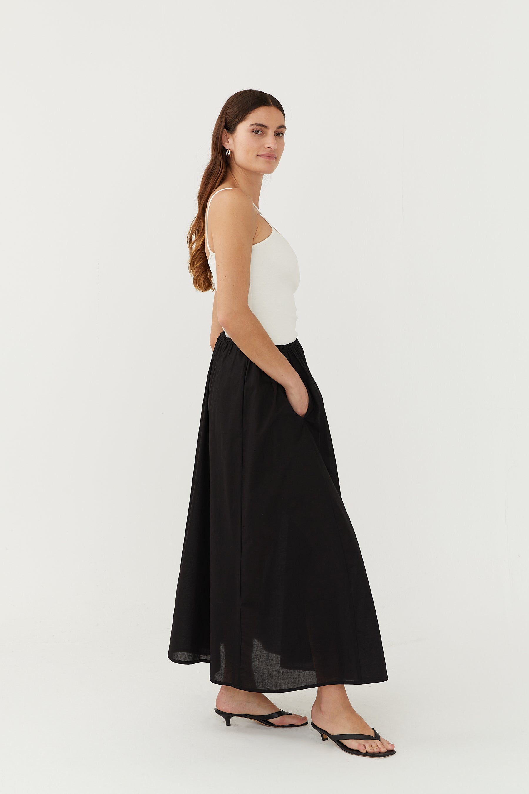 Black gathered midi skirt best sale